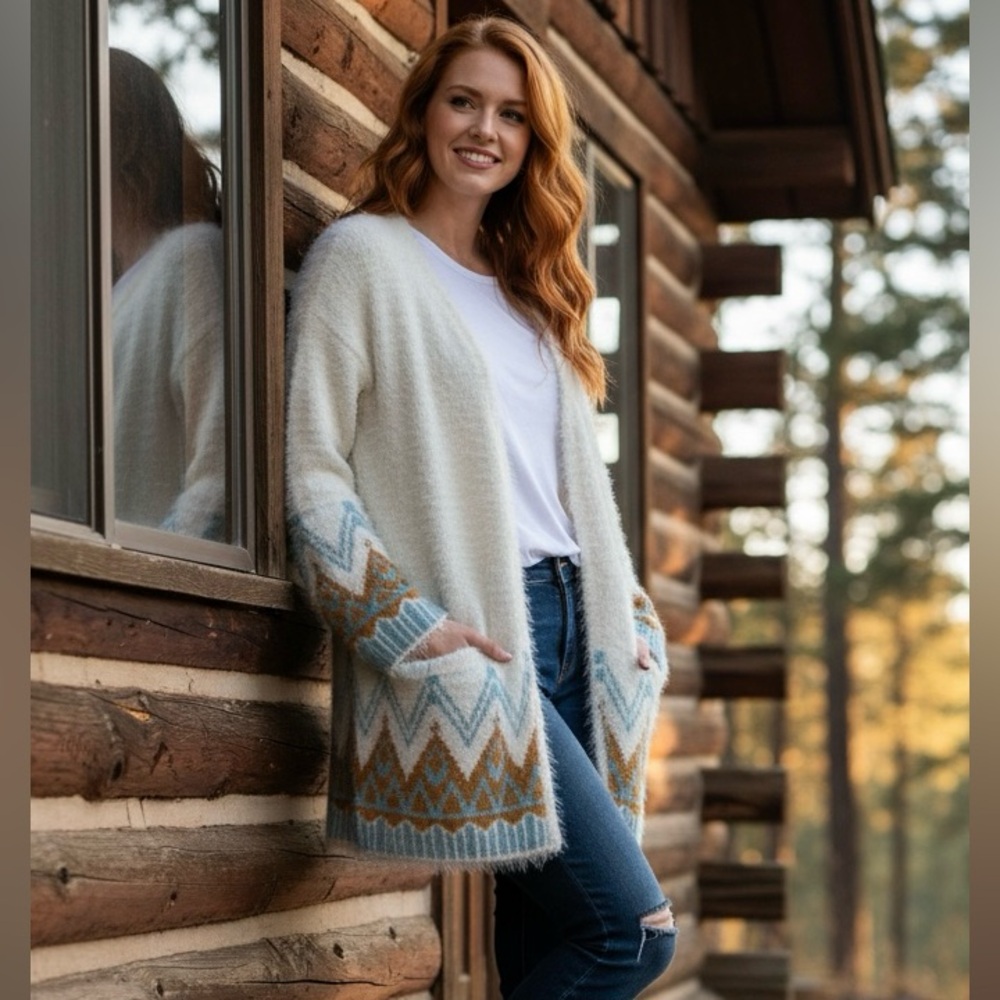 Shrinking Violet Cozy Cream Tan Patterned Cardigan Small